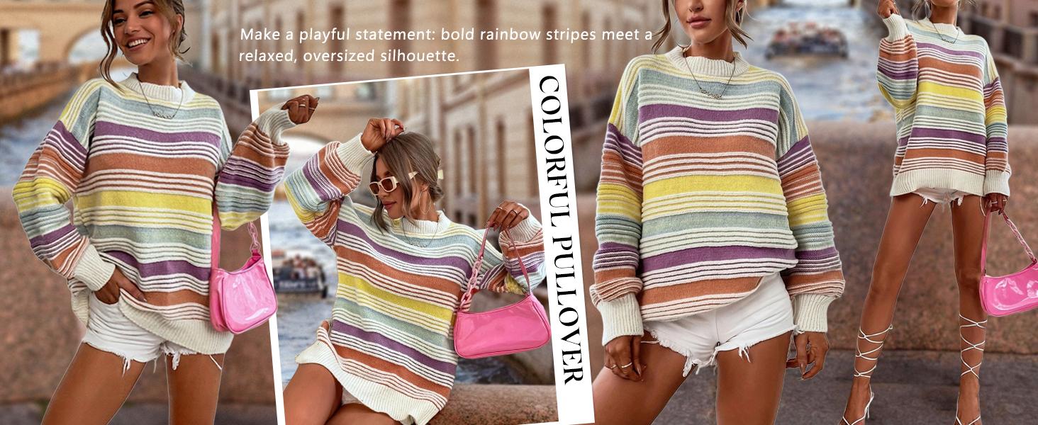 UTCOCO Women's Oversized Rainbow Contrast Striped Long Sleeve Soft Bold Stylish Non-Customized Knit Pullover Sweater, 2026 Fall Winter Casual Tops, Soft Women's Pullovers