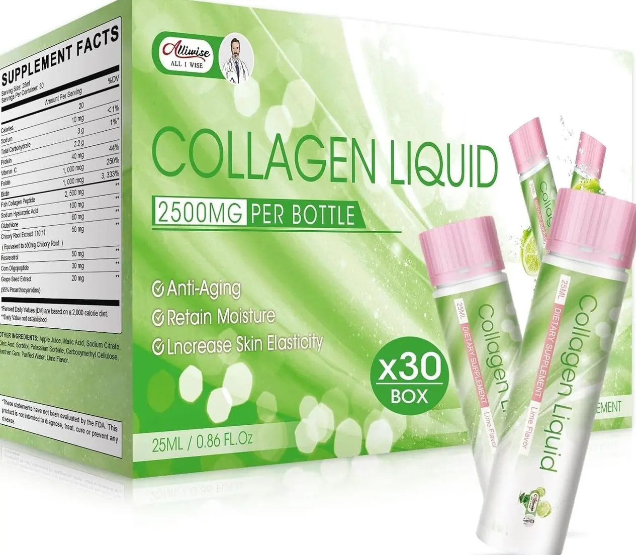Liquid Collagen for Women, 2500mg Beauty Collagen Drink with Marine Collagen Peptides Glutathione Anti-Aging, Retain Moisture, Vitamin C & B