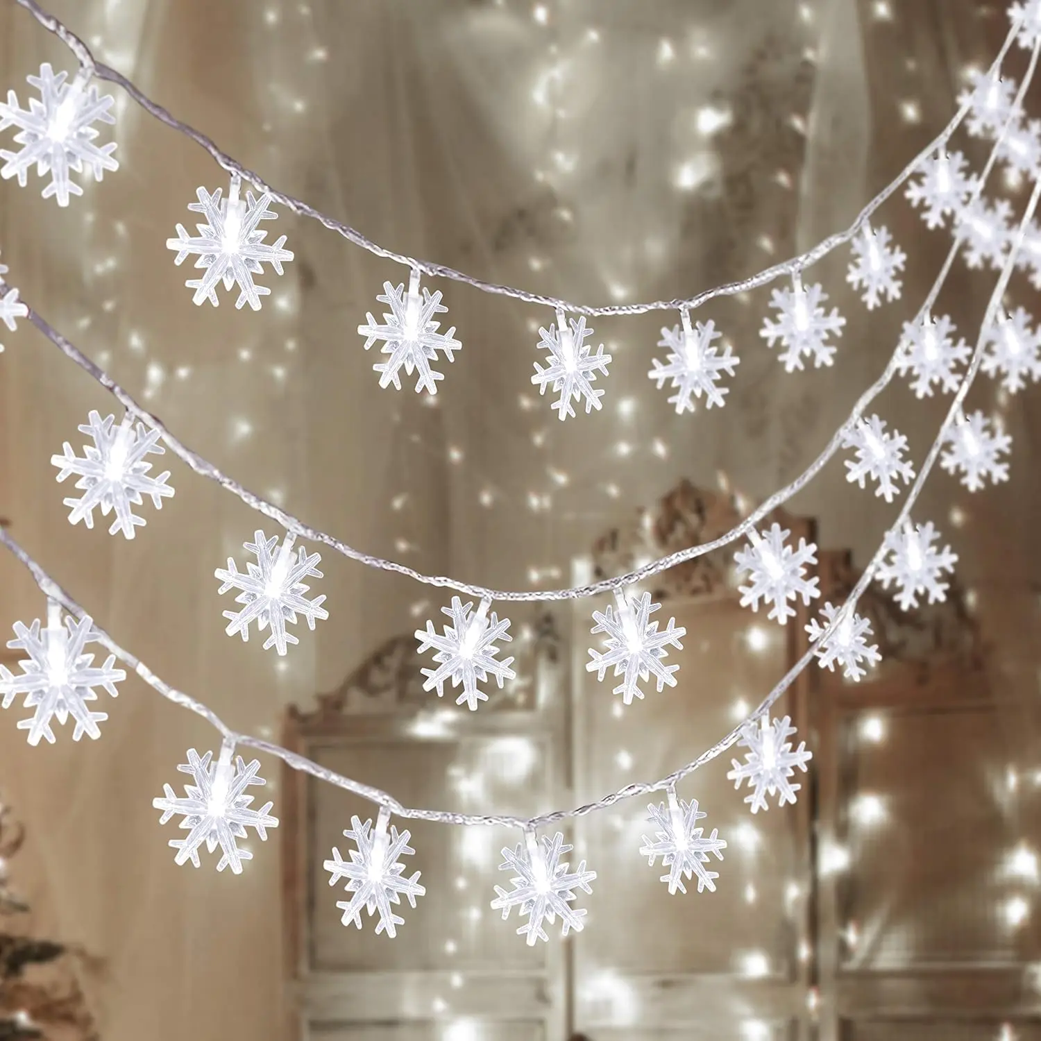 Christmas Snowflake String Lights 2 Pack, 100 LED 4-Tier Hanging Curtain Fairy Lights for Window, Bedroom, Patio & Outdoor Decor, Winter Holiday Xmas Decorations