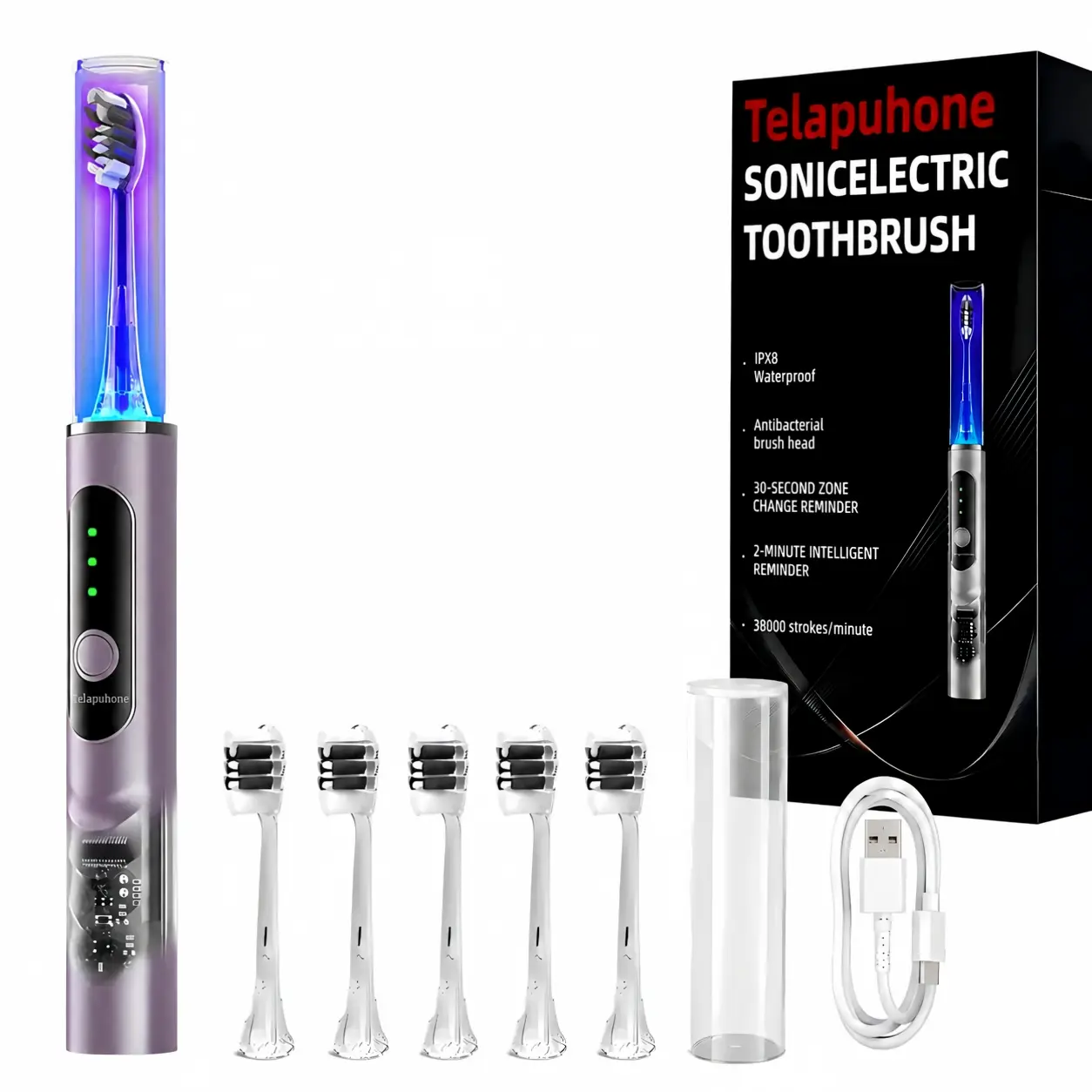 IPX8 Sonic Electric Toothbrush for Adults, 38000 VPM Rechargeable Toothbrush with 6 Cleaning Modes, 4 Replacement Brush Heads, Smart Timer & Waterproof Design