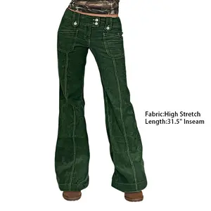 Flamingals Corduroy Asymmetrical Stitch Detail Patched Pocket Mid Waist Flare Leg Pants