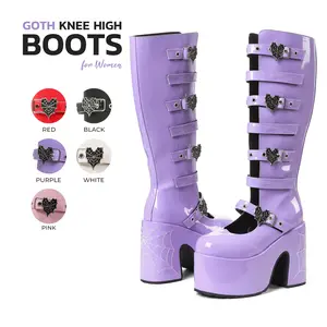 VIMISAOI Womens Platform Knee High Goth Boot Round Toe Chunky Block High Heel Metal Buckles Spider Combat Motorcycle Punk Rave Party Fashion Boots