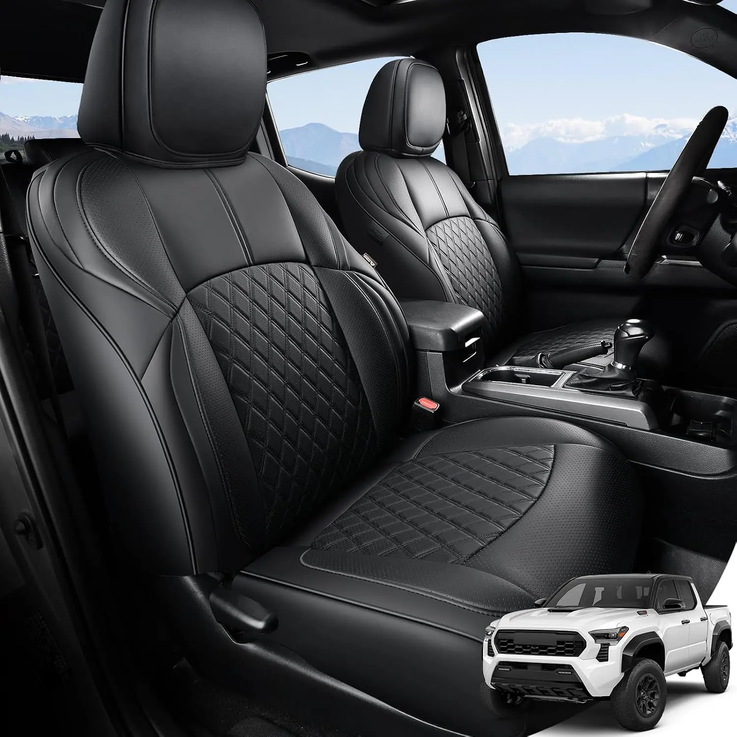 Coverado Tacoma Seat Covers Custom Fit for Toyota Tacoma (Petrol) 2024 2025 2026 Double Cab/Crew Cab SR/SR5/TRD Sport/TRD Off-Road/Limited – Full Set Truck Seat Covers, Premium Faux Leather, Black, Seat Cover