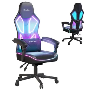Bestier Gaming Chair Breathable High-Back Mesh Fabric, Led Gamer Chair for Adults with Comfortable Cushion, Lumbar Support, Linkage Armrests for Gamer, Kids, Students