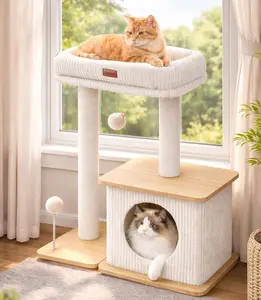 [On Sale] Apartment Friendly Modern Wooden Cat Tree Tower, with Cozy Cat Condos, Full-Wrap Scratching Posts, Vertical Scratcher Board & Interactive Cat Toy for Indoor Cats