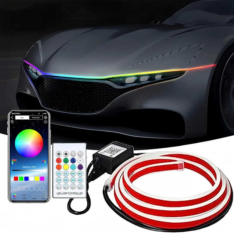 APP-Controlled RGB Dynamic LED Car Hood Light Strip, 1 Count Dynamic Scan Start Up Light Strip with Instruction & Remote Controller, Waterproof Flexible Car Decorative Lights