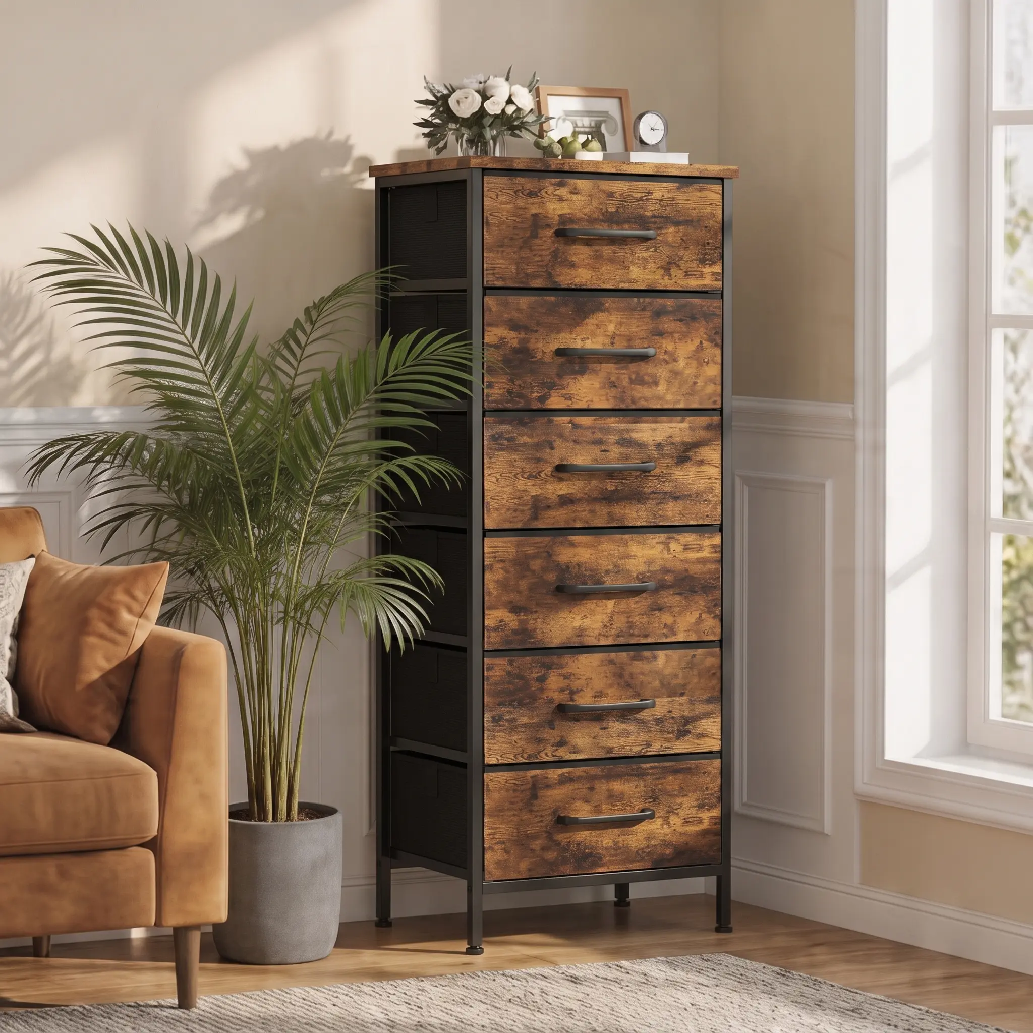6-Drawer Tall Vertical Fabric Chest Drawers - Modern Vertical Cabinet, Kid-Safe Space-Saving Storage Tower with Reinforced Non-Woven Bins, Waterproof Wood Top, Stable Steel Frame & Anti-Tip Organizer for Bedroom, Nursery
