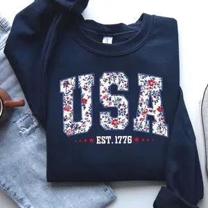 Floral USA Graphic Sweatshirt, Patriotic Est 1776 Crewneck, American Pride Pullover, Fourth of July Gift