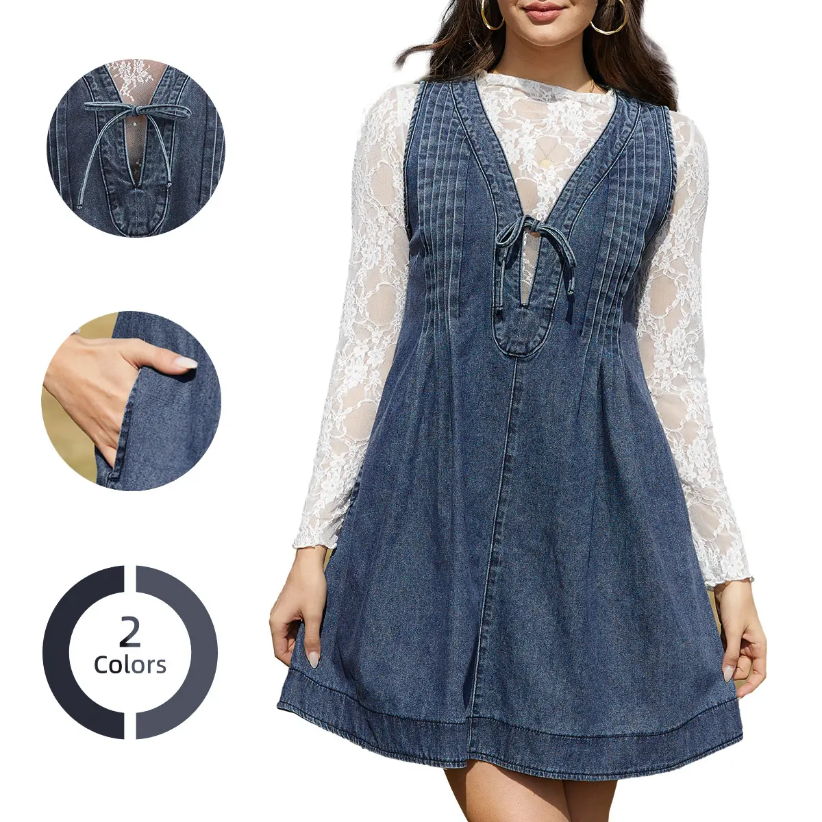 Chicovar Women's Oversized Vintage Denim Mini Dress ,Sleeveless V-Neck Tie Front Ruffle Layered A-Line Tunic with Pockets & Front Pleats, Casual Outfit,Fashion, Summervibes