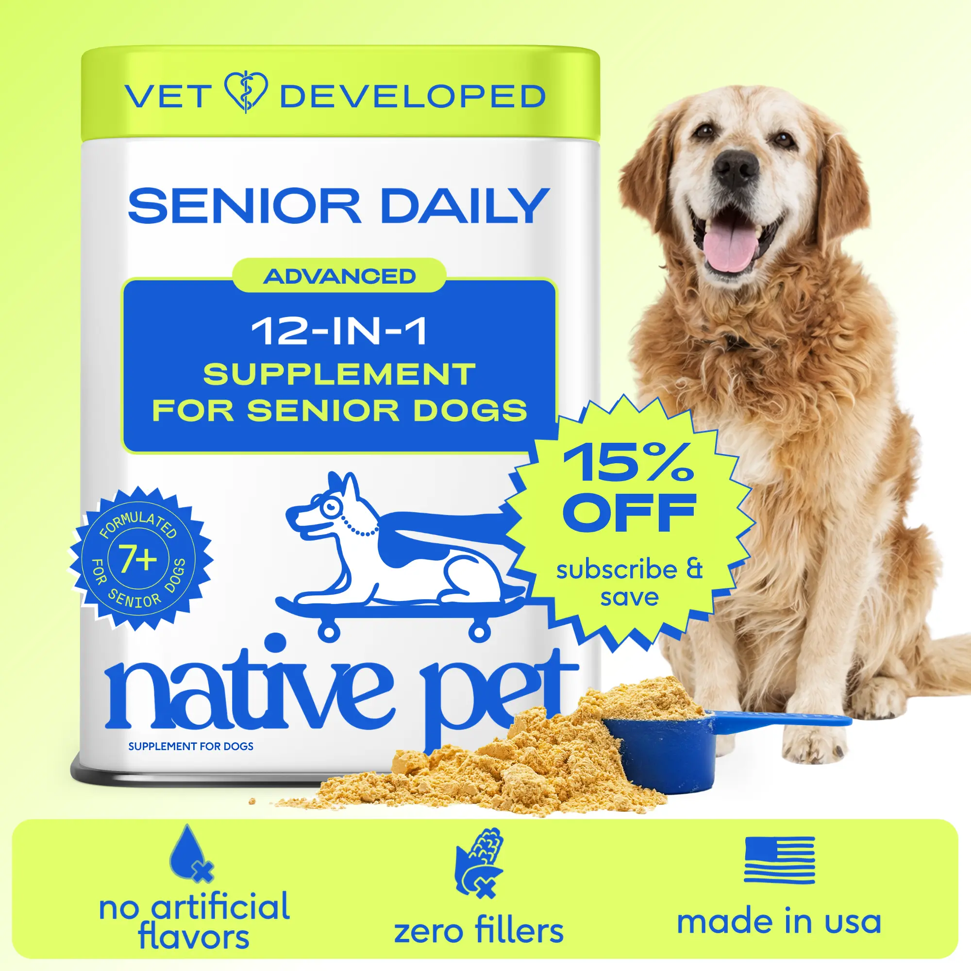 Native Pet Senior Dog Vitamins & Supplements - 12-in-1 Senior Multivitamin Powder with DHA, Collagen & CoQ10 for Joint Health, Energy, Cognition, Immunity, Skin, Digestion & Overall Health