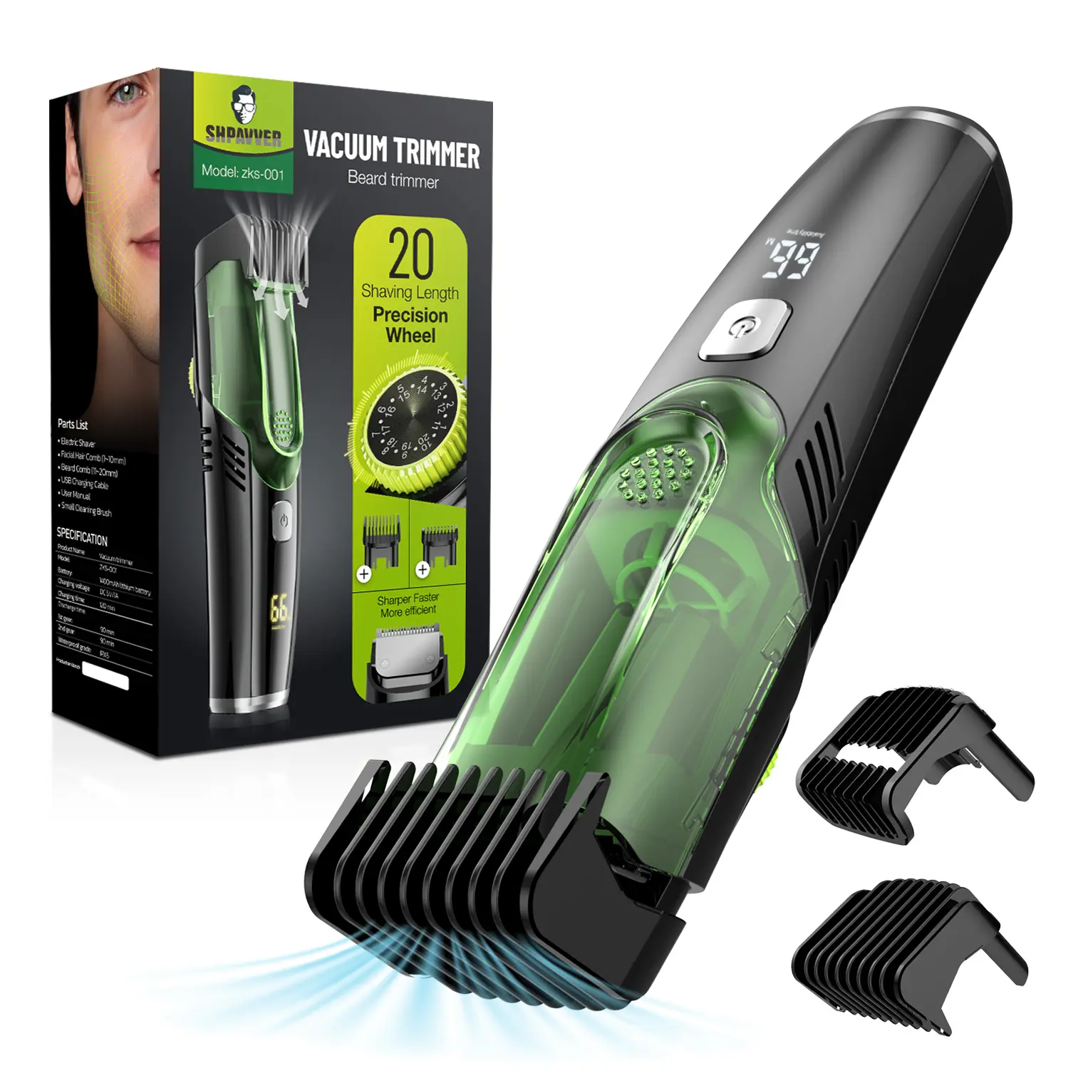 [Tiktokshopbacktoschool]SHPAVVER Vacuum Beard Trimmer Model 26x-001 Cordless Waterproof Shaver with 20 Precision Length Comb for Men FathersDay Gift Self Haircut System Adjustable Clipper, Haircut Trimmer Kit, Wireless Trimmer tiktokshopbacktoschool