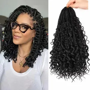8 Packs Bohemian Box Braid Hair Crochet Box Braids with Curly Ends 12 Inch Goddess Box Braids Crochet Hair for Women Boho Braids (1B, 12 inch 8 pack)