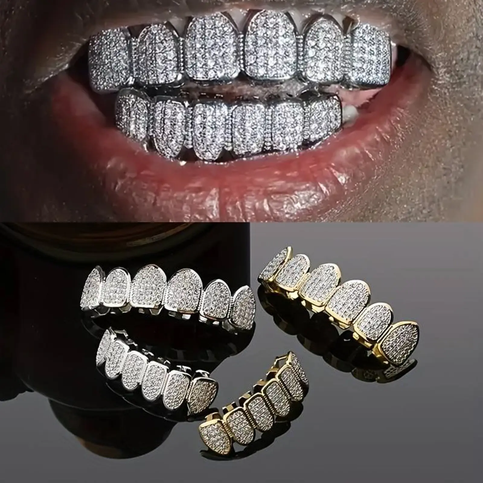 Iced Out Hip-Hop Teeth Grills, Gold-Plated Copper Dental Decor with Zircon Heart Design, Halloween Costume Jewelry Set Pair for a Hip-Hop Look