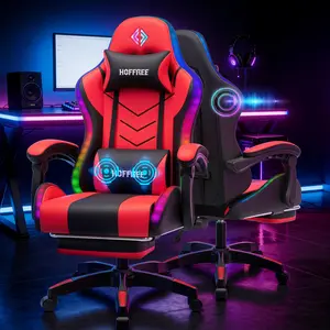 HOFFREE Gaming Chair with Music Rhythm RGB LED Lights and Wireless Speakers Ergonomic Massage Computer Gaming Chair with Footrest Video Game Chair High Back with Lumbar Support