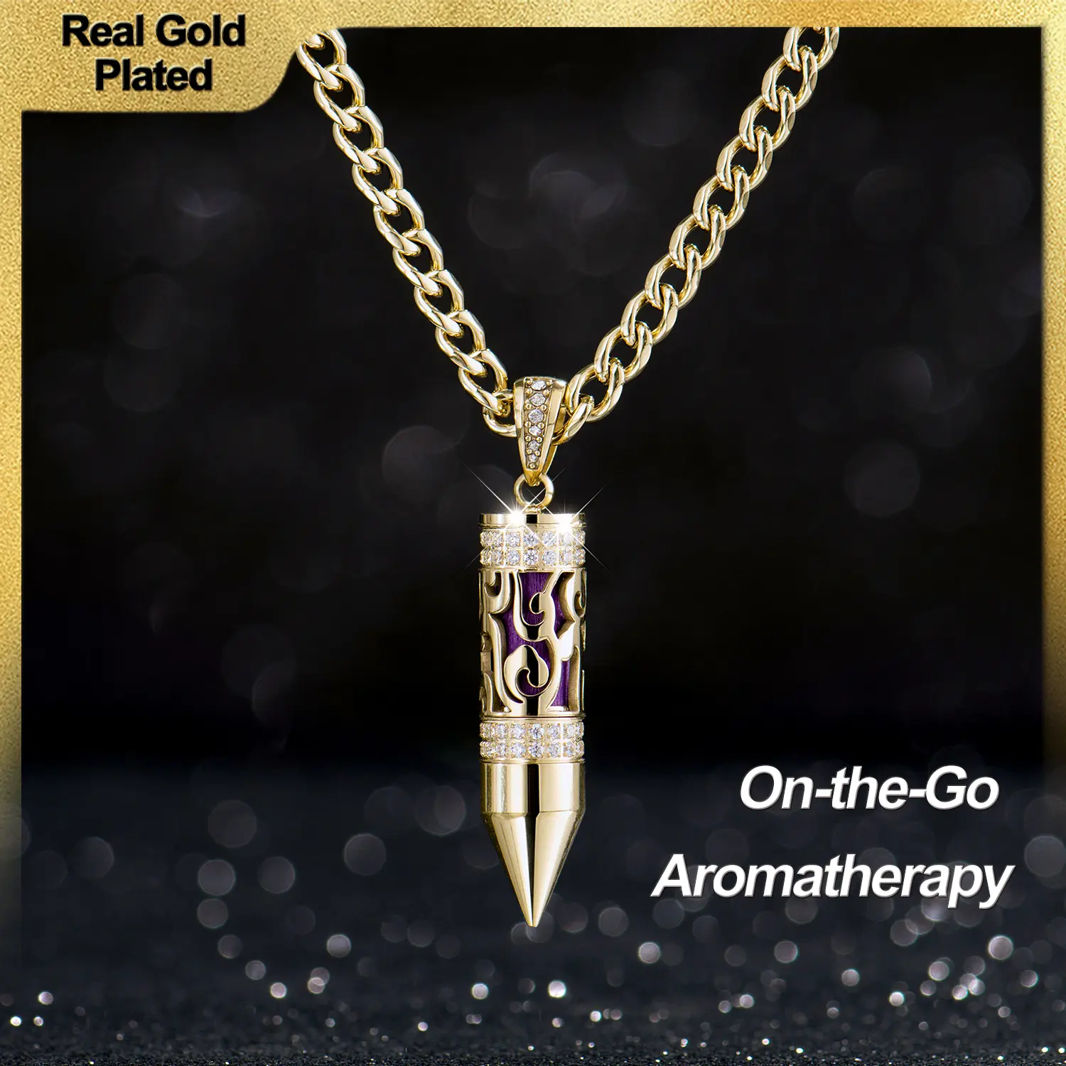 Holylegend 14K Real Gold-Plated Carved Bullet Aroma Necklace, Trendy Gold-Plated Jewelry with Double-Row CZ, Hollow Engraved Design with Aroma Cotton, Pad Affordable Gold-Plated Gifts for Fashion Lovers,Father's Day Gift