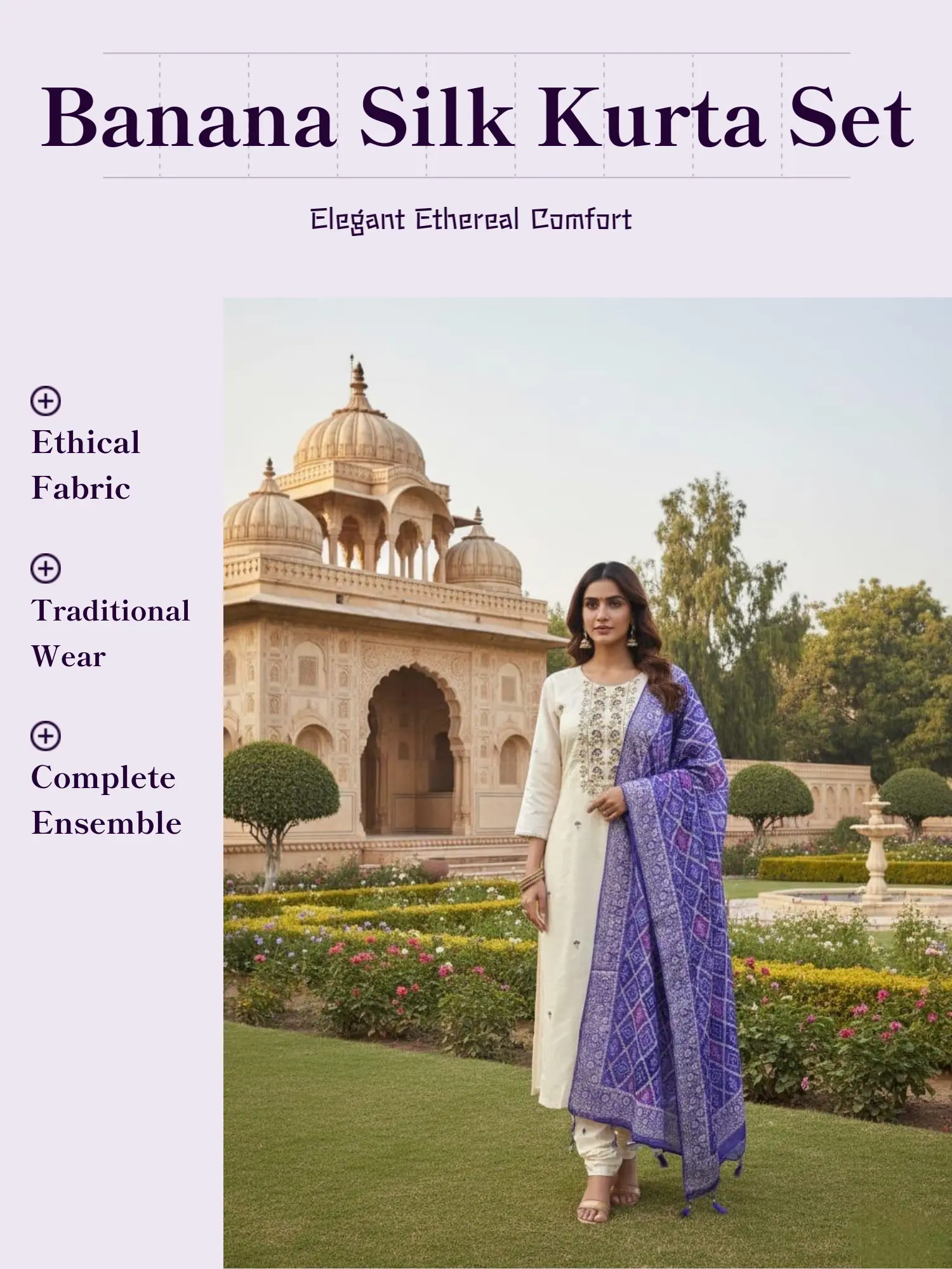Women's Premium Banana Silk & Muslin Embroidered 3-Piece Kurti-Pant-Dupatta Set - Round Neck, 3/4 Sleeve, Soft Breathable Fabric, Elegant Classic, Office to Festive Daily Wear Clothing