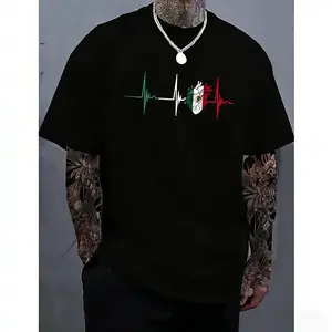 Men's Regular Fit Heartbeat & Mexico Flag Print Round Neck Tee, Casual Short Sleeve Crew Neck T-shirt for Summer, Fashion Men's Top for Daily Wear, Tropical