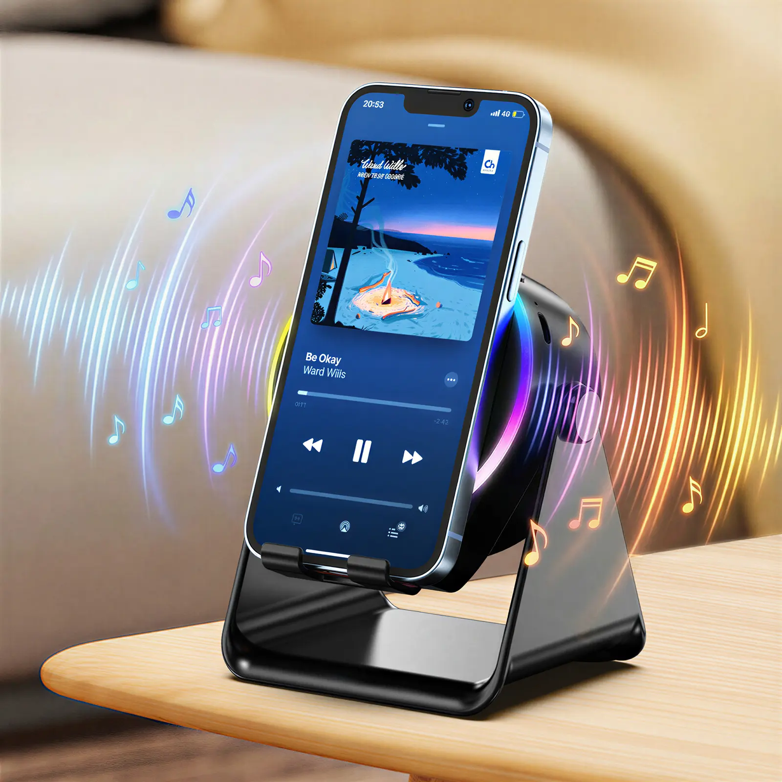 Dohelly Wireless Induction Speaker Stand - 5-in-1 USB Type-C Wireless Speakers, Smartphone Holder, 5000mAh Rechargeable Emergency Power Bank, 360° Adjustable Tablet/Bluetooth Phone Holder, Colorful Ambient Light, Home Accessory, Men's Gifts