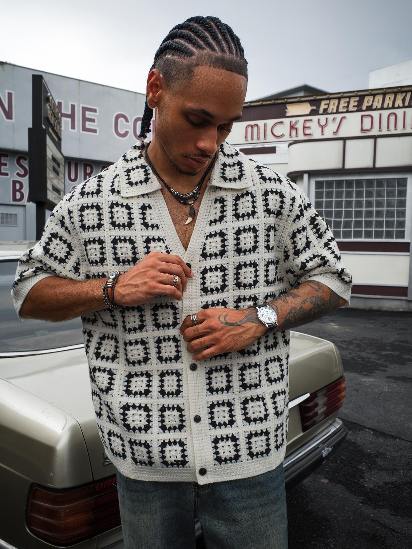 Summer Essential Men's Dark Green Colorblock Knit Short-Sleeve T-Shirt with All Over Print Loose Fit Casual Vacation Wear Tops Button Up