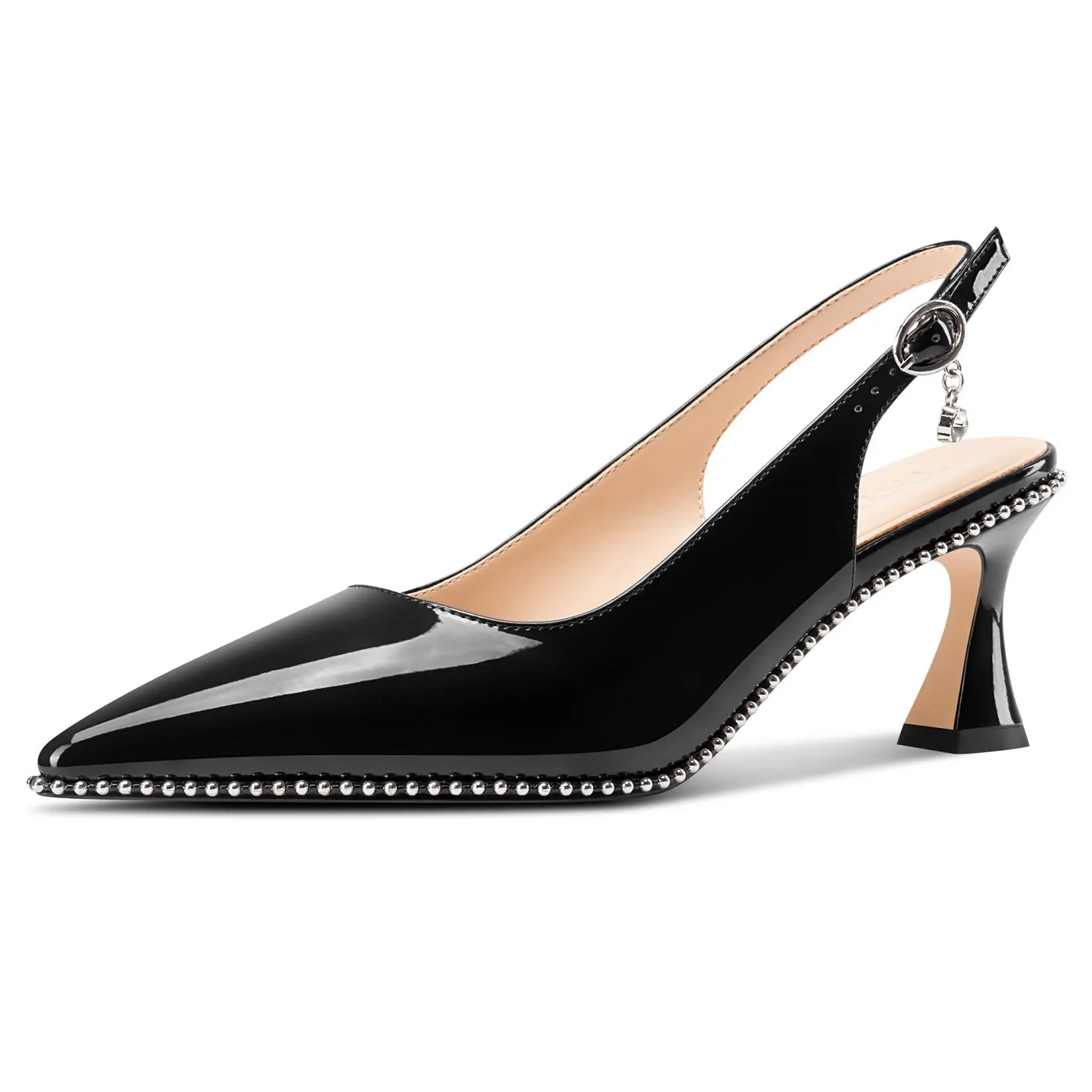 Women's Classic Elegant Patent Leather Dainty Kitten Heel Pumps - 2.6 in Slingback Buckle, Pointed Toe Beaded Slip-On, Adjustable Synthetic Casual Footwear for Saint Ripper Prom Evening Outings