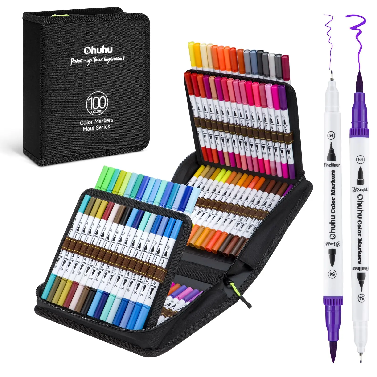 Ohuhu Markers: Brush & Fineliner Dual Tips - 100 Colors - Brush Pens Dual Brush Fine Tip Drawing Pens Water-Based Coloring Markers for Calligraphy Bullet Journal with Carrying Case for Adult Coloring Books - White - Maui Series of Ohuhuart