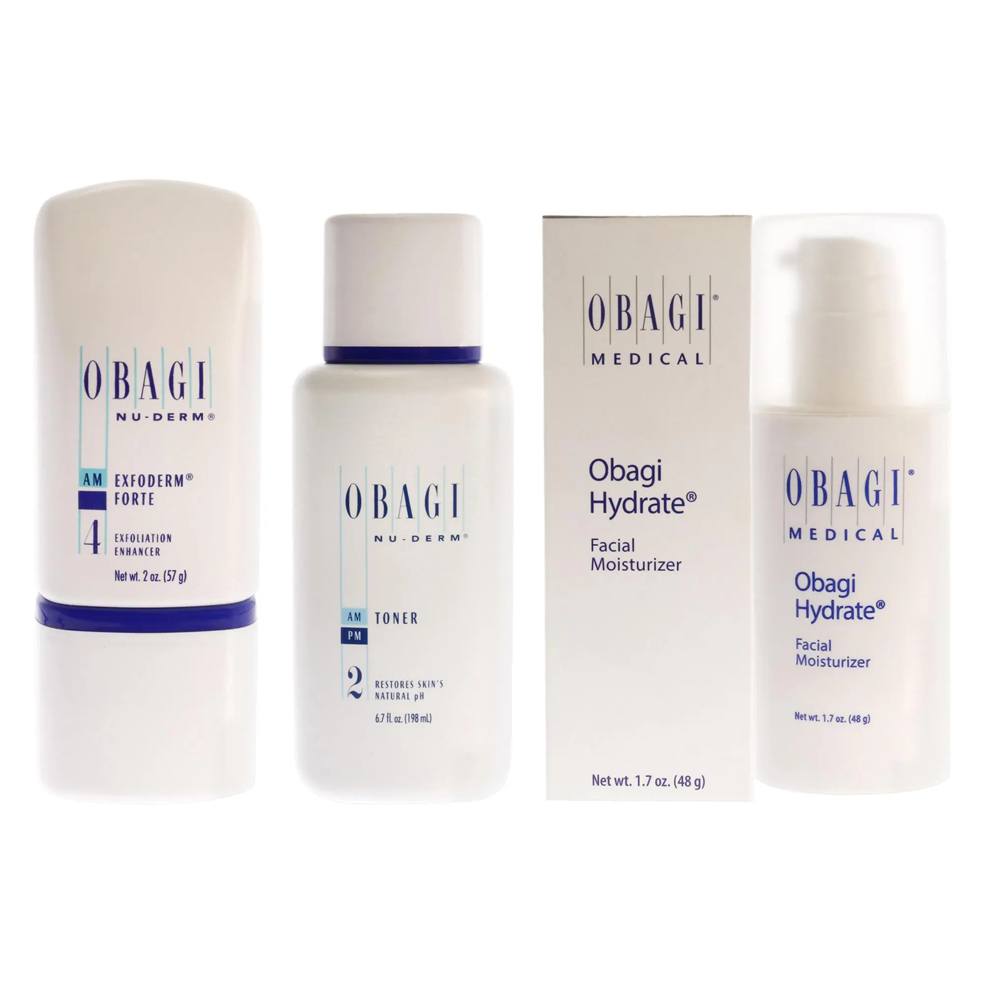 Obagi Kit by Obagi for Unisex - 3 Pc Kit 2oz Obagi Nu-Derm 4 AM Exfoderm Forte, 6.7oz Obagi Nu-Derm - 2 AM-PM Skin Toner, 1.7oz Obagi Hydrate Facial Moisturizer