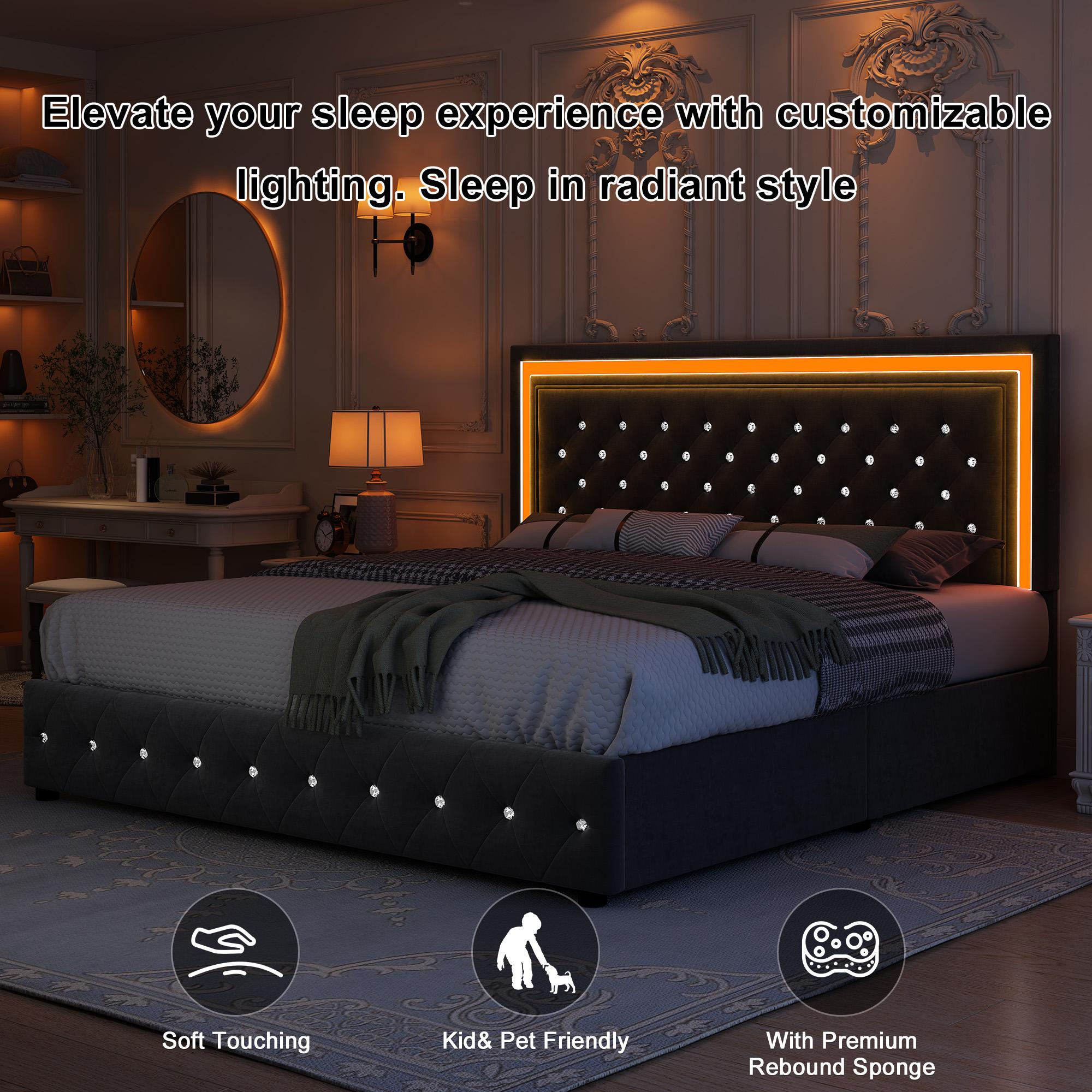 GEGOFORU LED Bed Frame King Size with Storage Drawers, Upholstered Modern Platform Bed, RGB Lights, No Box Spring Needed, Perfect Gift