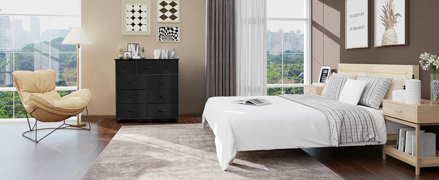 【New Color】Fabric Storage Tower with 9 Drawers, Bedroom Drawer Dresser Organizer, Chest of Drawers with Fabric Bins, Steel Frame and Wood Top for Bedroom, Closet, Entryway