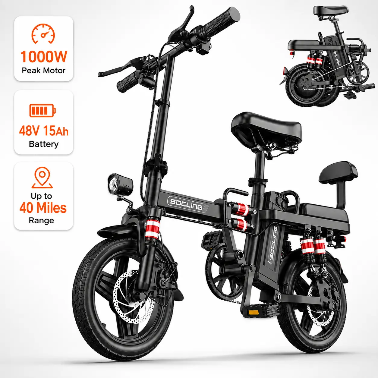 Adult Electric Folding Commuter Bike - 1000W Peak Motor, 48V 15Ah Removable Battery, 27 MPH Max Speed, 40 Mi Max Range, 14-Inch Tires, Dual Disc Brakes, Dual Suspension, 3 Riding Modes tiktokshopbacktoschool