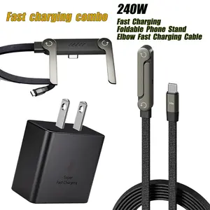 New Style Invisible Stand Charging Cable with Charging Head , 240 W Ultra-Fast Charging, Integrated Cable & Phone Stand. Type-C and Lightning ports, suitable for users with different devices. Base  mo sideways charger All-in-One Scalable Super built-in