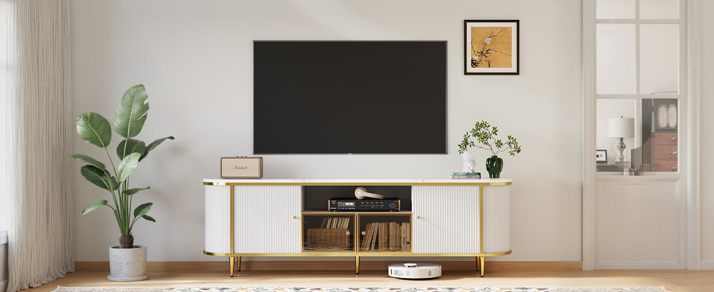 oneinmil Luxury 70" Fluted TV Stand Modern Entertainment Center for TVs Up to 80" Faux Marble Tabletop Curved Profile Design White Media Console for Living Room