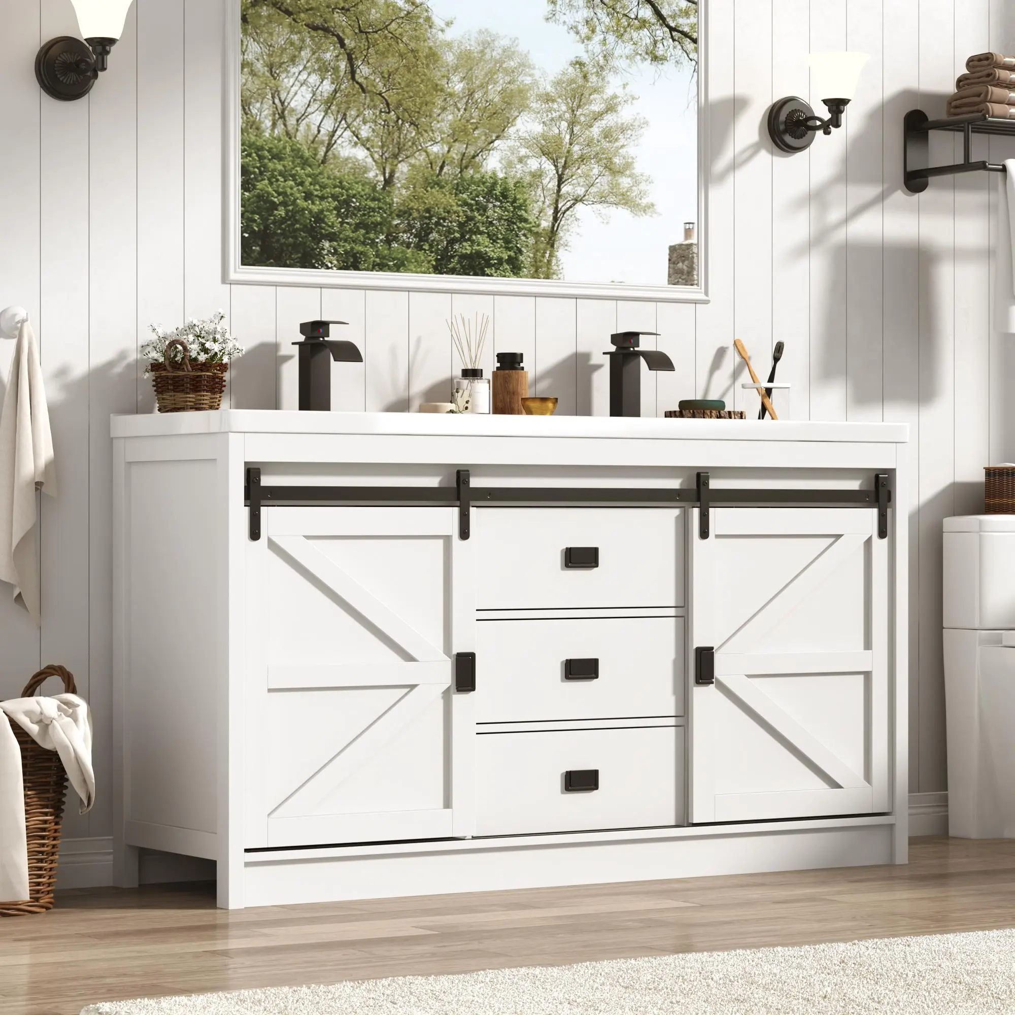 【2Packages Shipping】Double Bathroom Vanity with Sink & Faucet & Sewer Pipes,59" Farmhouse Bathroom Vanity Cabinet Set with 3 Storage Drawers & Sliding Barn Door,Double Ceramic Sink Vanities With Metal Handle(Grey/White)