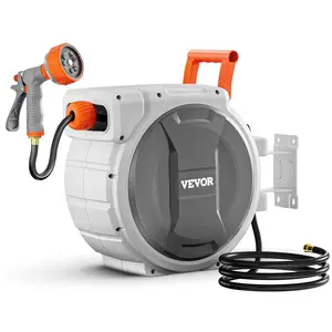 【FathersDayGift】VEVOR Retractable Garden Hose Reel,  , 1/2 Inch x 145 ft Wall Mounted Hose Reel, Heavy Duty Garden Hose Reel with 9 Patterns Nozzle, Any Length Lock, Upgraded Slow Return System and 180°Swivel Bracket