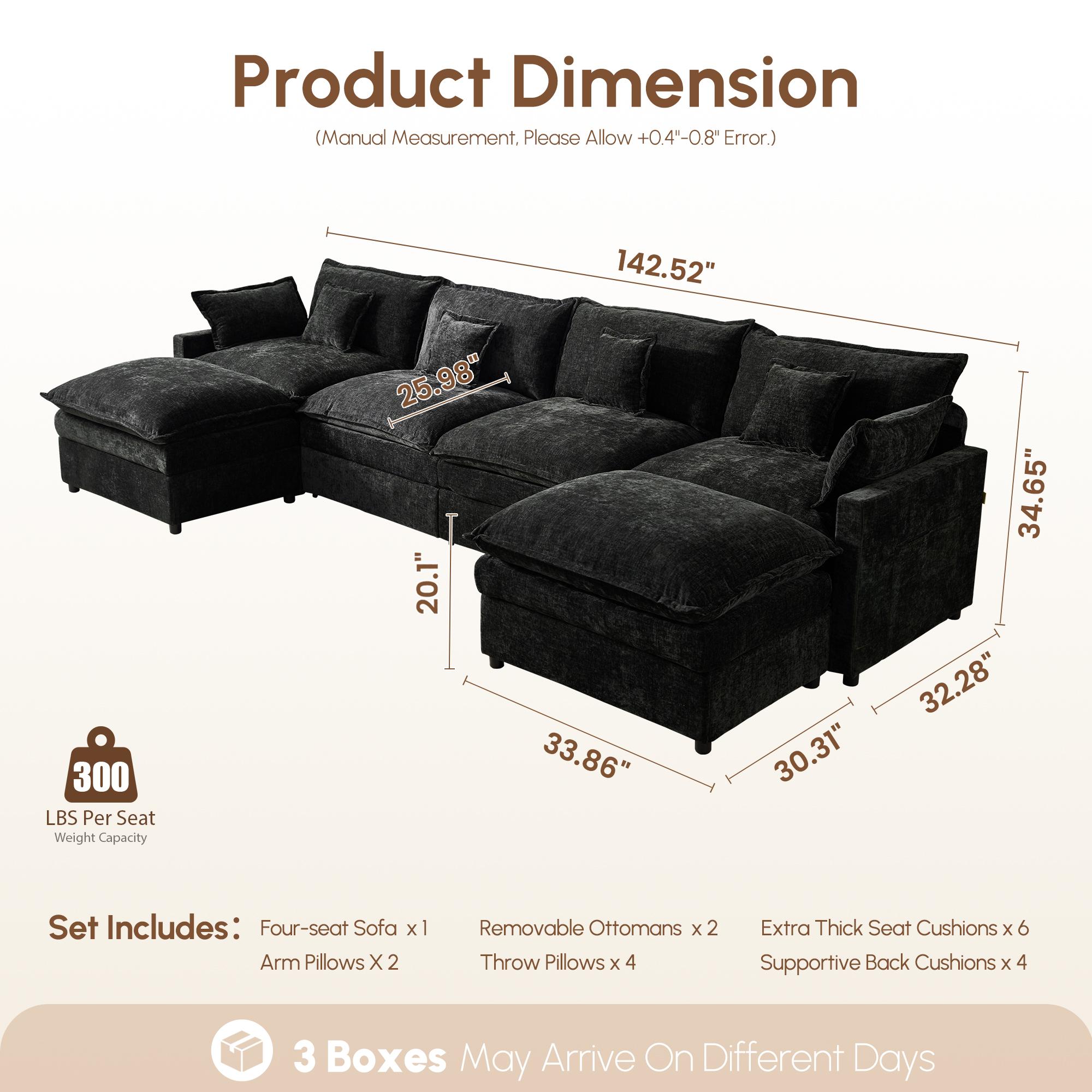 【2/3 Packages Shipping】Ovios 143" U-Shaped Modular Sectional Sofa with 2 Ottomans, Comfy Chenille Cloud Couch, Deep Seat Sofa Bed with 5 Pillows for Living Room, Bedroom & Apartment