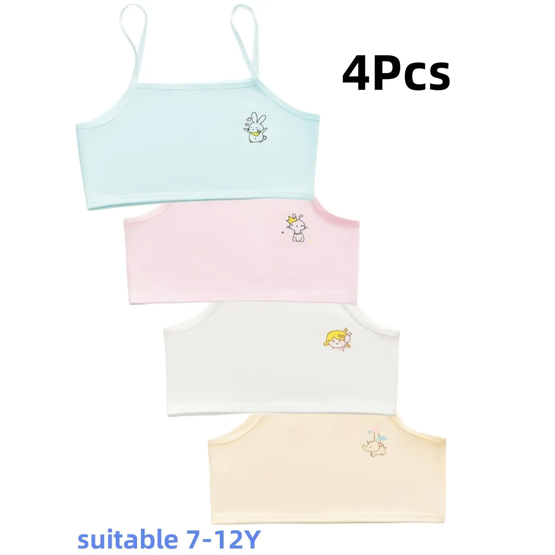 4-Pack Girls' Cotton Crop Tops with Cartoon Print, Machine Washable All-Seasons Underwear for Ages 7-12 Years, Crop Top, 11-12Y, 4Pcs, Kids, Playful Prints, 7-12Y, Assorted, Mixed Color, Sleeveless