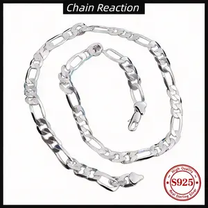 925 Sterling Silver plated  Mens Figaro Link Chain Necklace - 8MM, Silver,19.68~ 25.59inch Dianty Diamond Cut Silver Chain for Men Jewelry Gifts for Men Father Boyfriends Valentine's gift