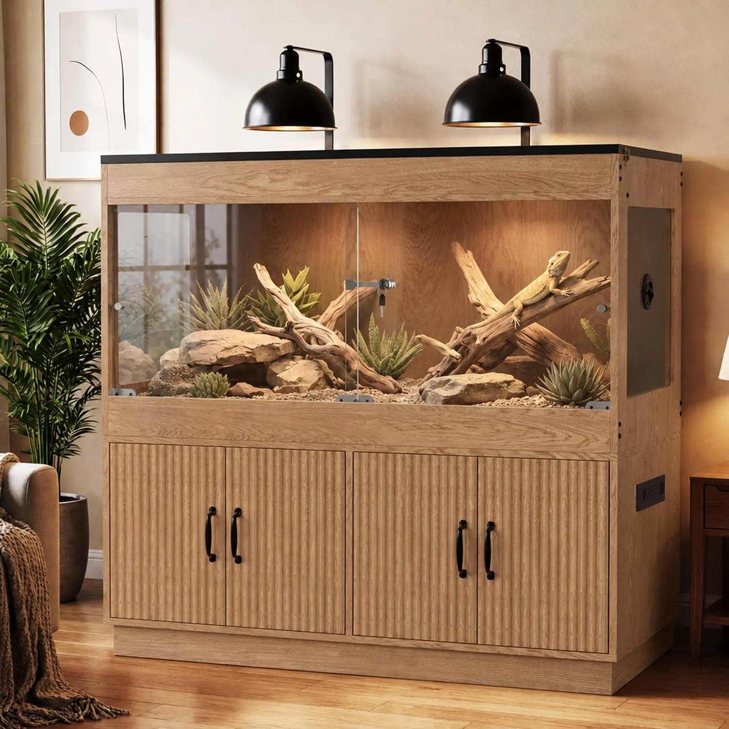 BELNET 120 Gal Wood Finish Reptile Terrarium Tank with 4x2x2 Stand, Storage Cabinet, Glass/Acrylic Panels, Lockable Door, Locking Mesh Top, Built-In Power, Airflow Vent, 2-Box Home Enclosure