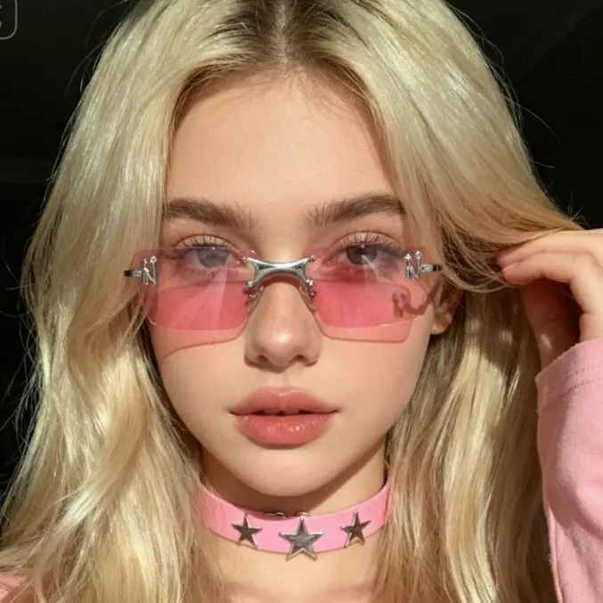 TIJN Rimless Rectangle Sunglasses for Women Men, Metal Frameless Vintage Square Glasses Tinted Lens, Emblematic