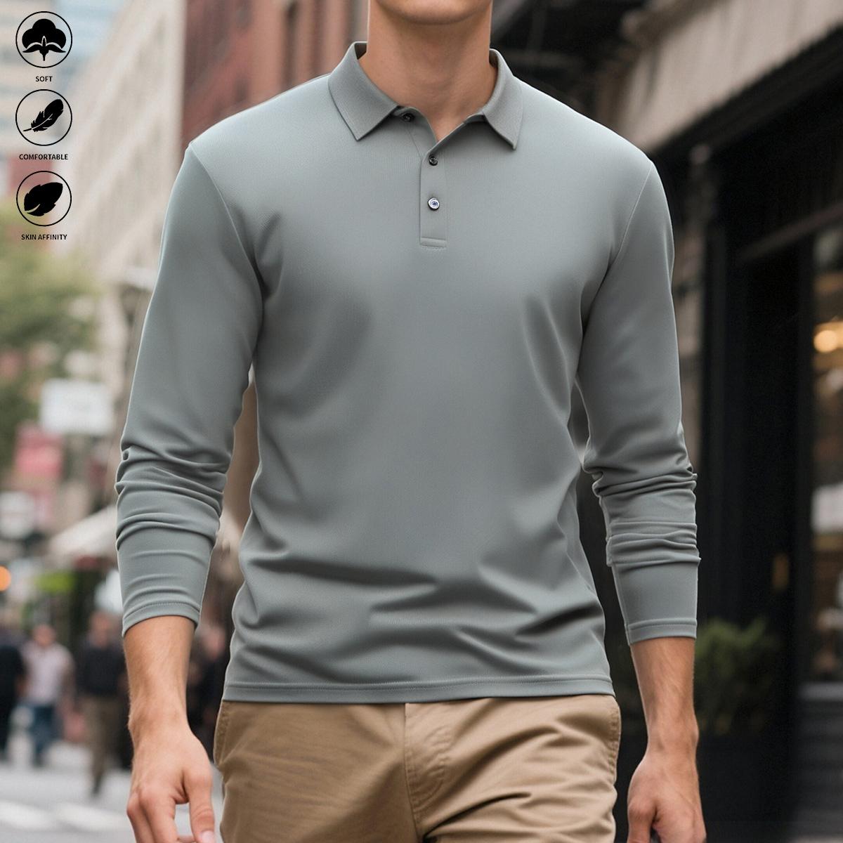5PCS Men’s Soft Long Sleeve Polos – Solid Design & Skin-Affinity, Comfortable Fabric, TikTok Popular, Ideal for Casual Fall Outfits & Gifts for Him collar cuff design everyday commute