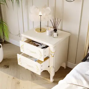 FUFU&GAGA 2-Drawer European Antique Nightstand, White Gold Floral Carved Bedside End Table, Classic Bedroom Storage Cabinet