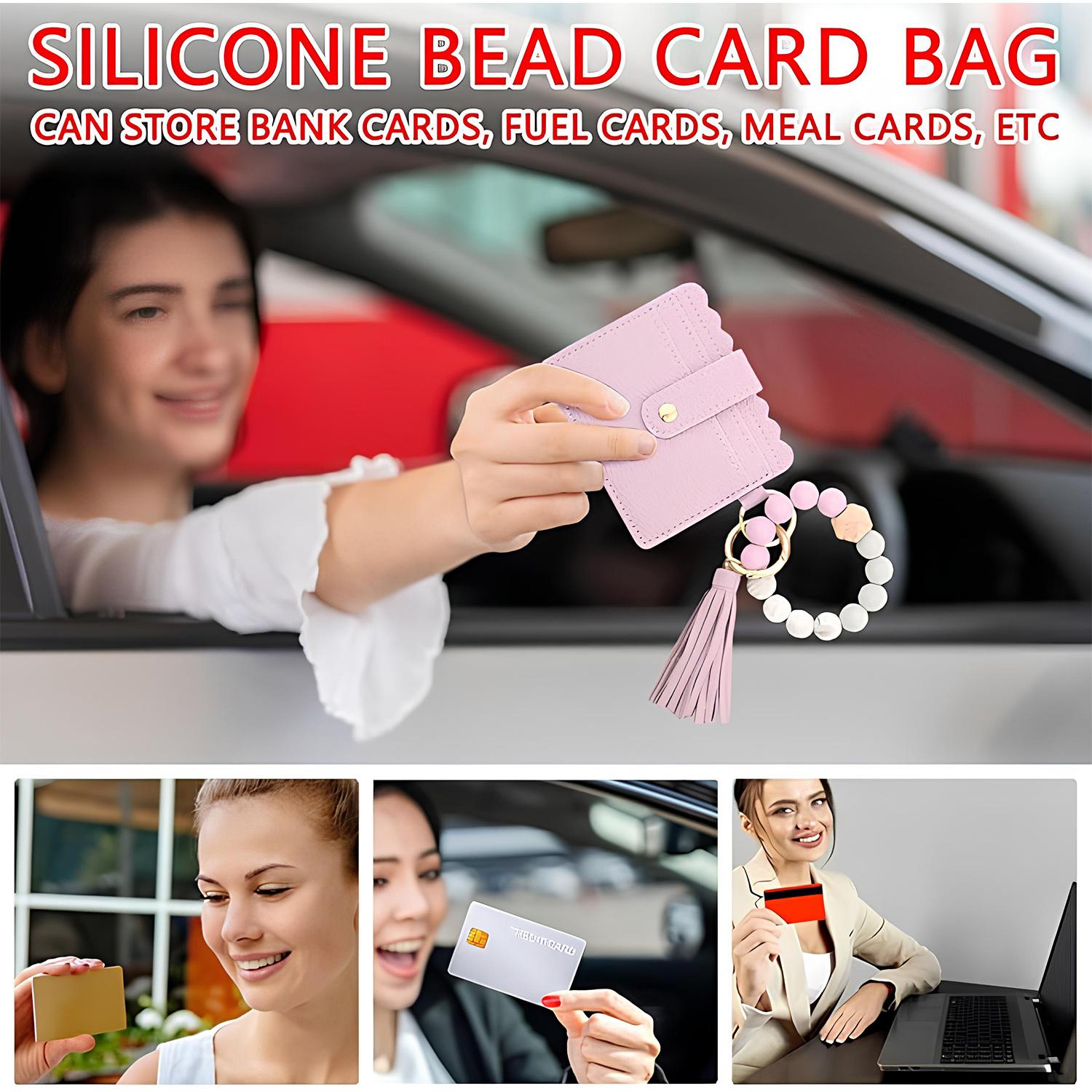 SSYERT PU Keychain Short Wallet,Leather Print Key Chain Student Bus ID Card Bag Boho Beaded Accessory Card Hand Bag Slim RFID Blocking Wristlet Small Credit Card Holder for Birthday Gift,Daily Use