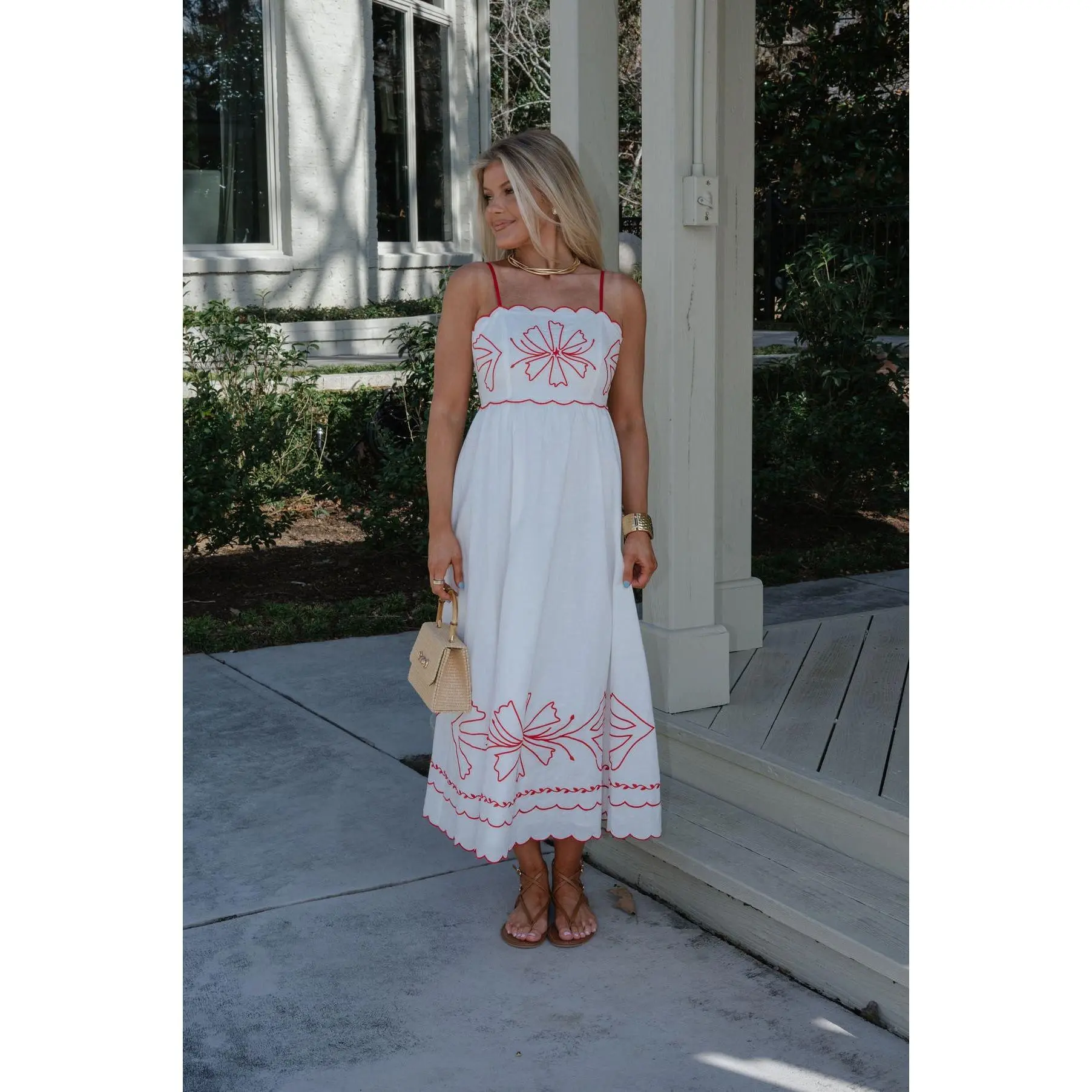 Corey Scalloped Detail Midi Dress-Red