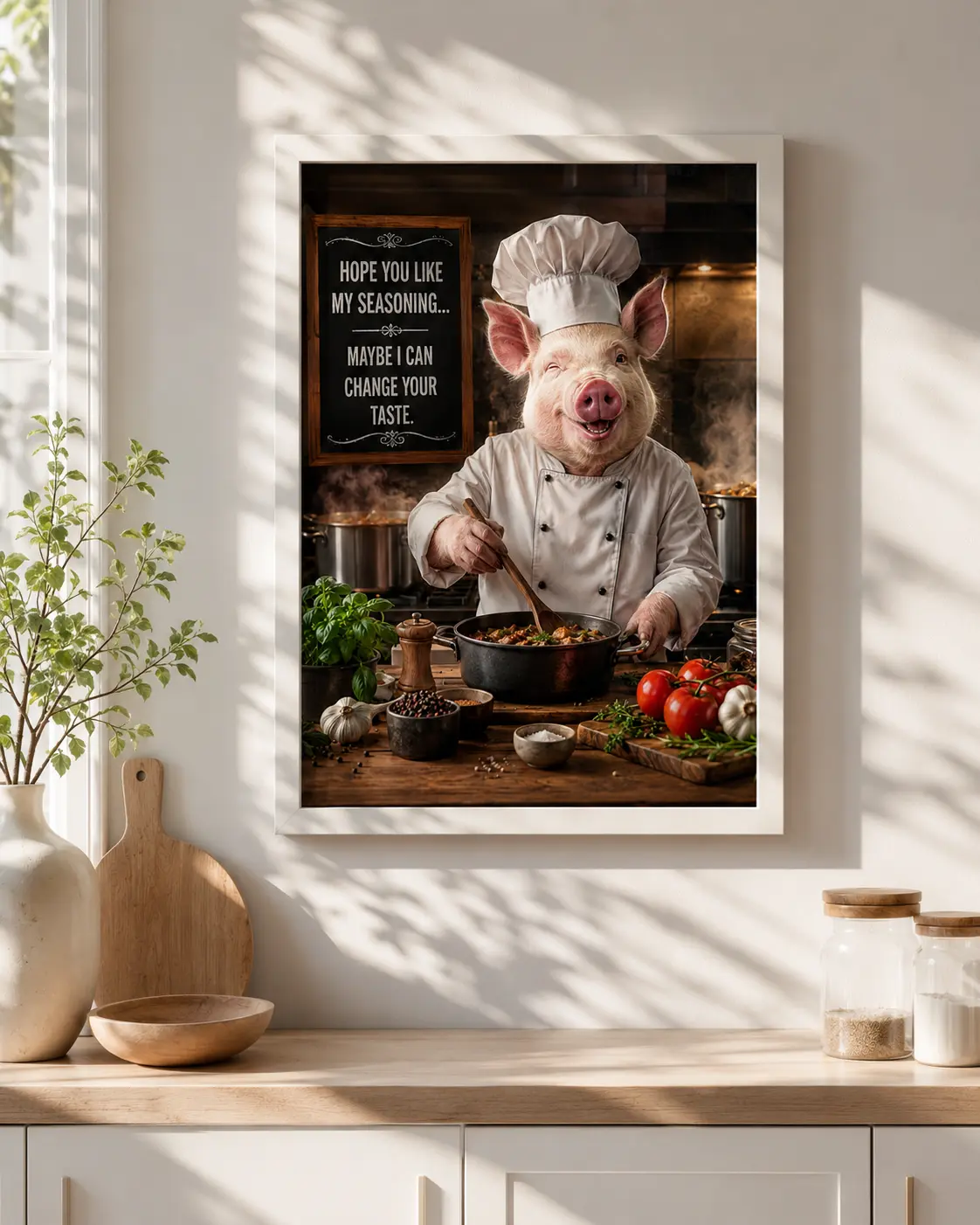 Funny Chef Pig Kitchen Poster, Rustic Farmhouse Wall Art, Vintage Cooking Pig Print, Cozy Country Kitchen Decor, Funny Animal Chef Artwork