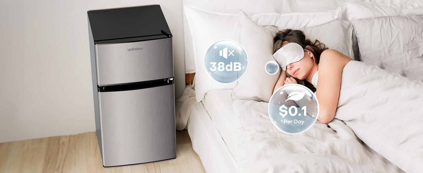 Upstreman mini fridges 3.2 Cu.Ft with Freezer Double Door Adjustable Thermostat Stainless-SD321/BD321 Quiet Efficient LED Light Removable Shelves Crisper Drawer for Dorm Office Bedroom