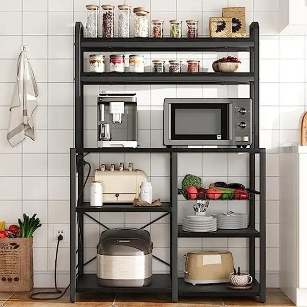 Black 5-Tier Metal Frame Baker's Rack - Engineered Wood Utility Shelf with Wire Basket, Power Sockets, Outlet, Waterproof Storage, Microwave Stand, Easy-Clean 6-Level Coffee Bar Station for Living Room, Dining Area (Assembly Required)