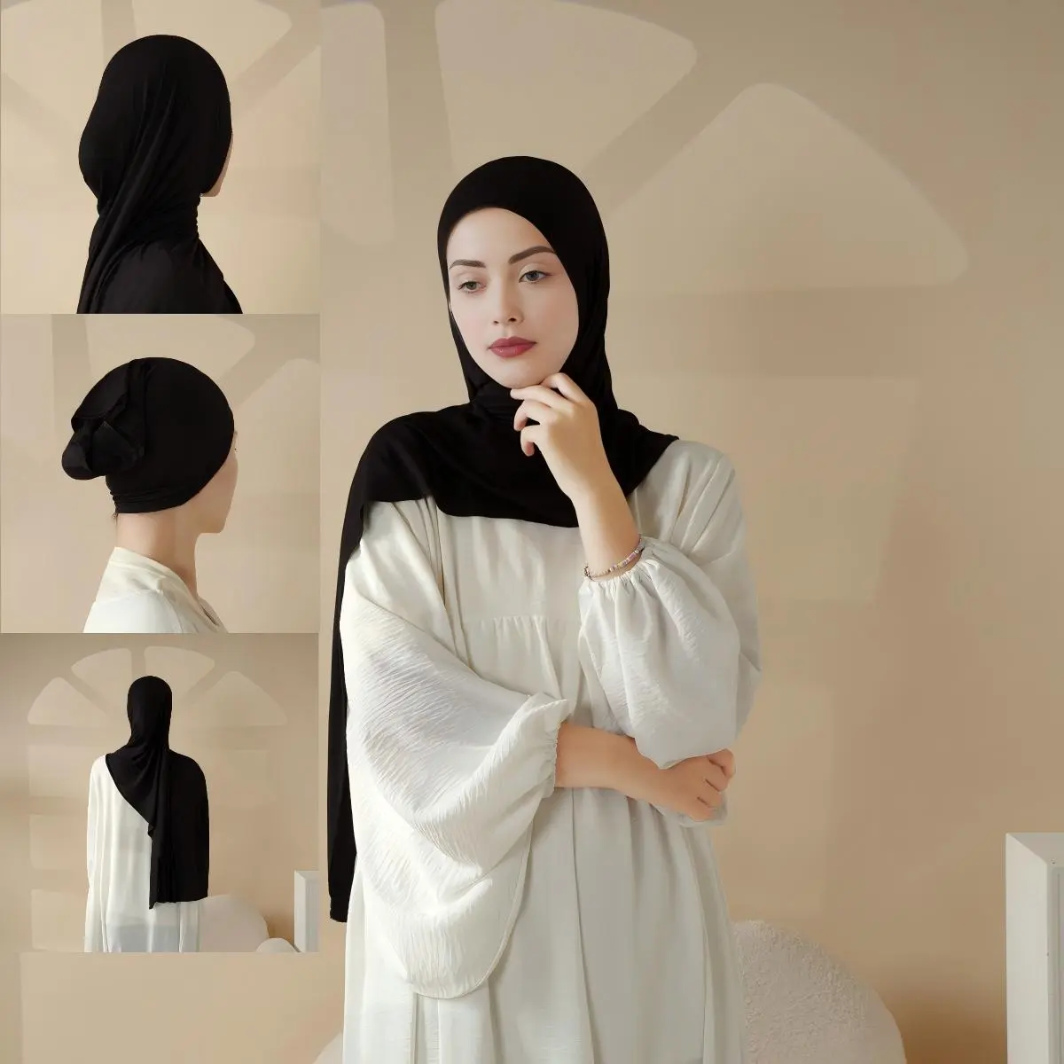 Women's Plain Instant Hijab Tudung (MH038) - Premium Soft Jersey, Formal Spun Rayon, Basic UnderCap, Lightweight, Breathable Drape, Comfortable, Clothing, Easy Modesty, Hand Wash, All Seasons, 170*55cm (Beige, Black) Head Scarf, Casual, Solid, Instant Hij