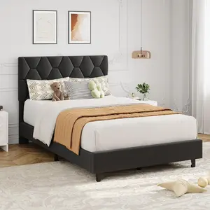 Grey Twin Bed Frame with Upholstered Headboard,Upholstered Bed Frame,Heavy-Duty Platform Bed Frame with Adjustable Headboard,Strong Wood Slat Support