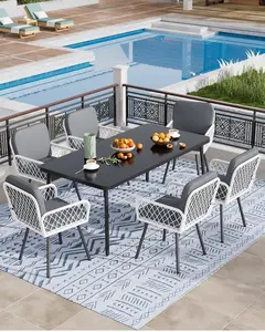 7 Piece Patio Dining Set, Outdoor All-Weather Wicker Furniture with Table, Patio Conversation Sets with Cushions for Balcony, Garden, Sunroom, Porch