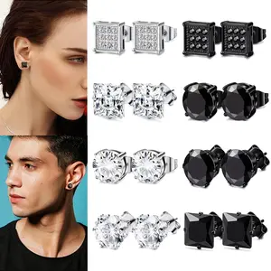 4/8 Pairs Stainless Steel Stud Earrings for Men Women Silver Black Square Earrings Set Mens Earrings Inlaid Cubic Zirconia 6MM
