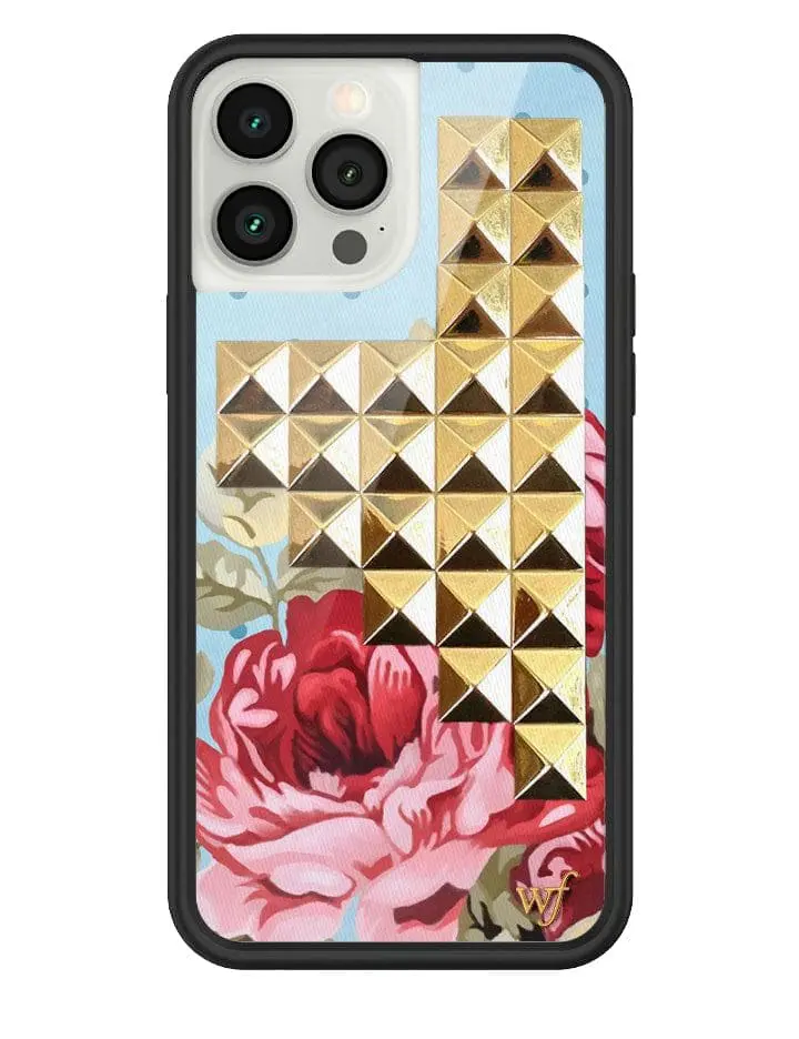 Blue Floral Studs | Limited Edition Trendy iPhone Case | Raised Protective Black Bumper | Women Owned Small Business | Vibrant Pretty Pink Rose Baby Blue Background Shiny Golden Studs | Safety Casing Protective | Gift for Her